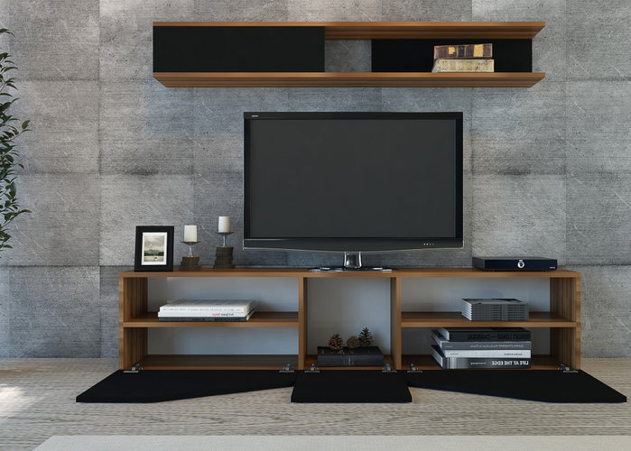 Hanah Home Mueble de TV Nogal y Negro con Estante de Pared Hanah Home Mueble de TV Nogal y Negro con Estante de Pared